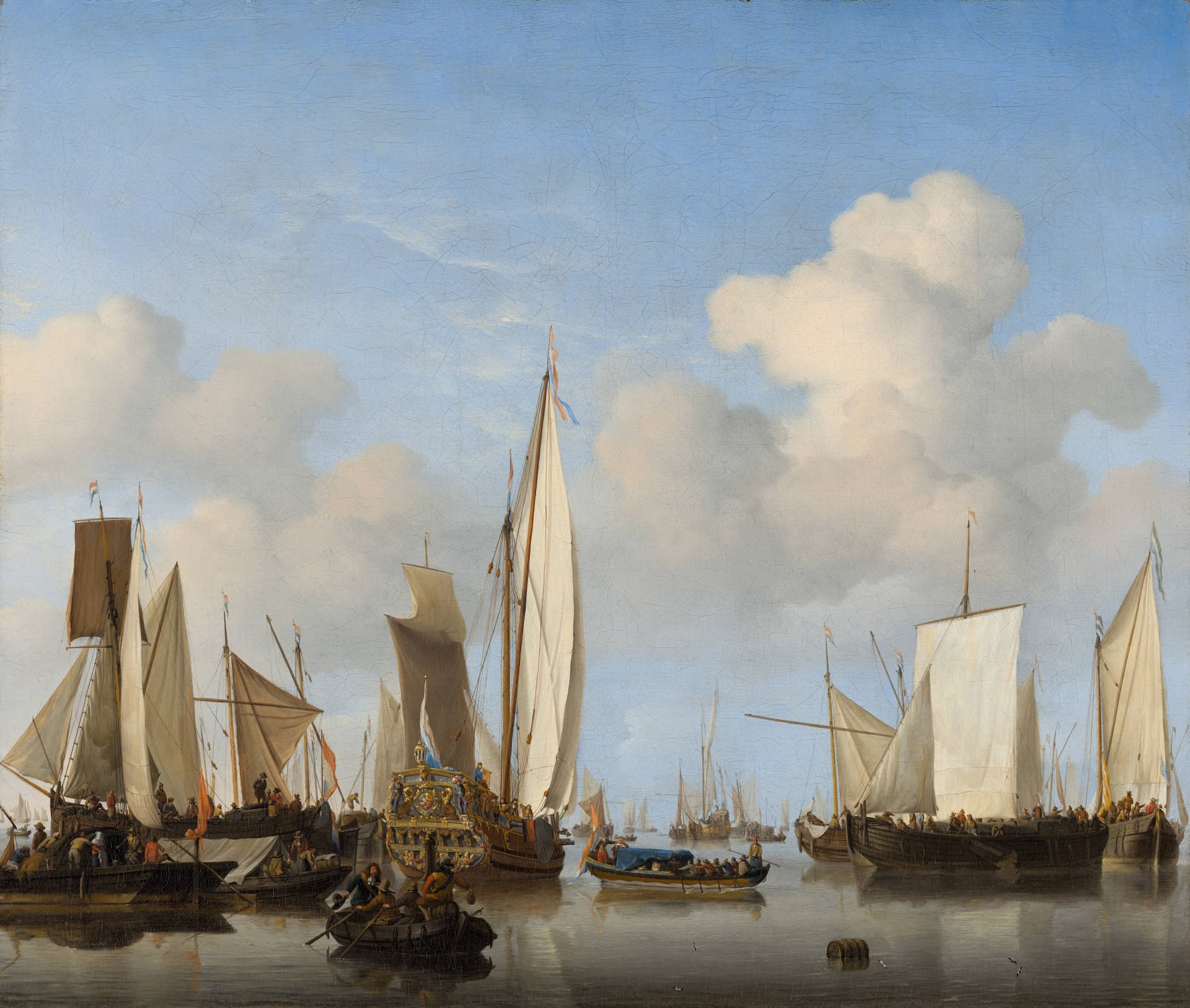 Schepen op de rede als keramisch tegeltableau, kunstwerk van Willem van de Velde de Jonge