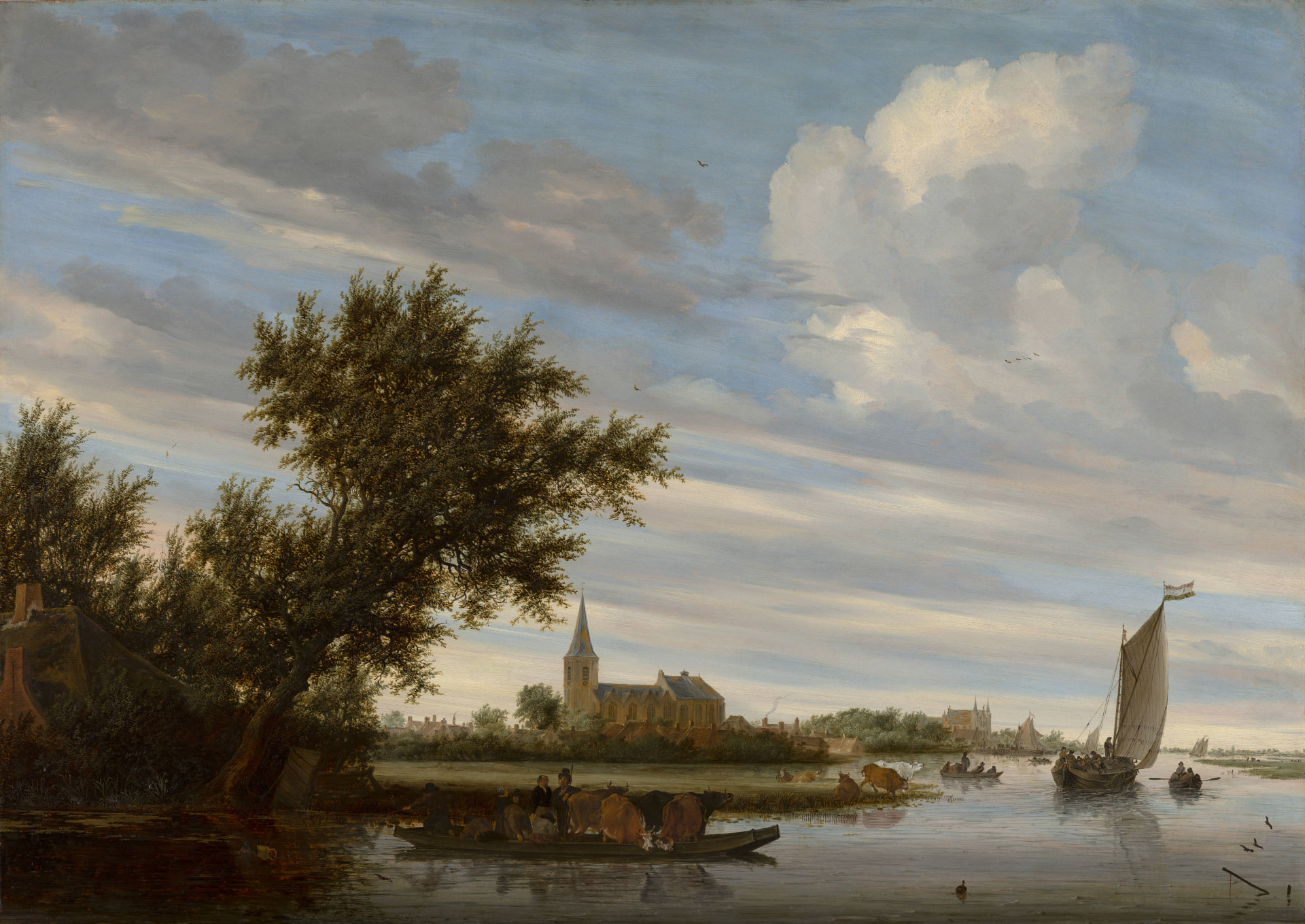 Riviergezicht met kerk en veerpont als keramisch tegeltableau, kunstwerk van Salomon van Ruysdael