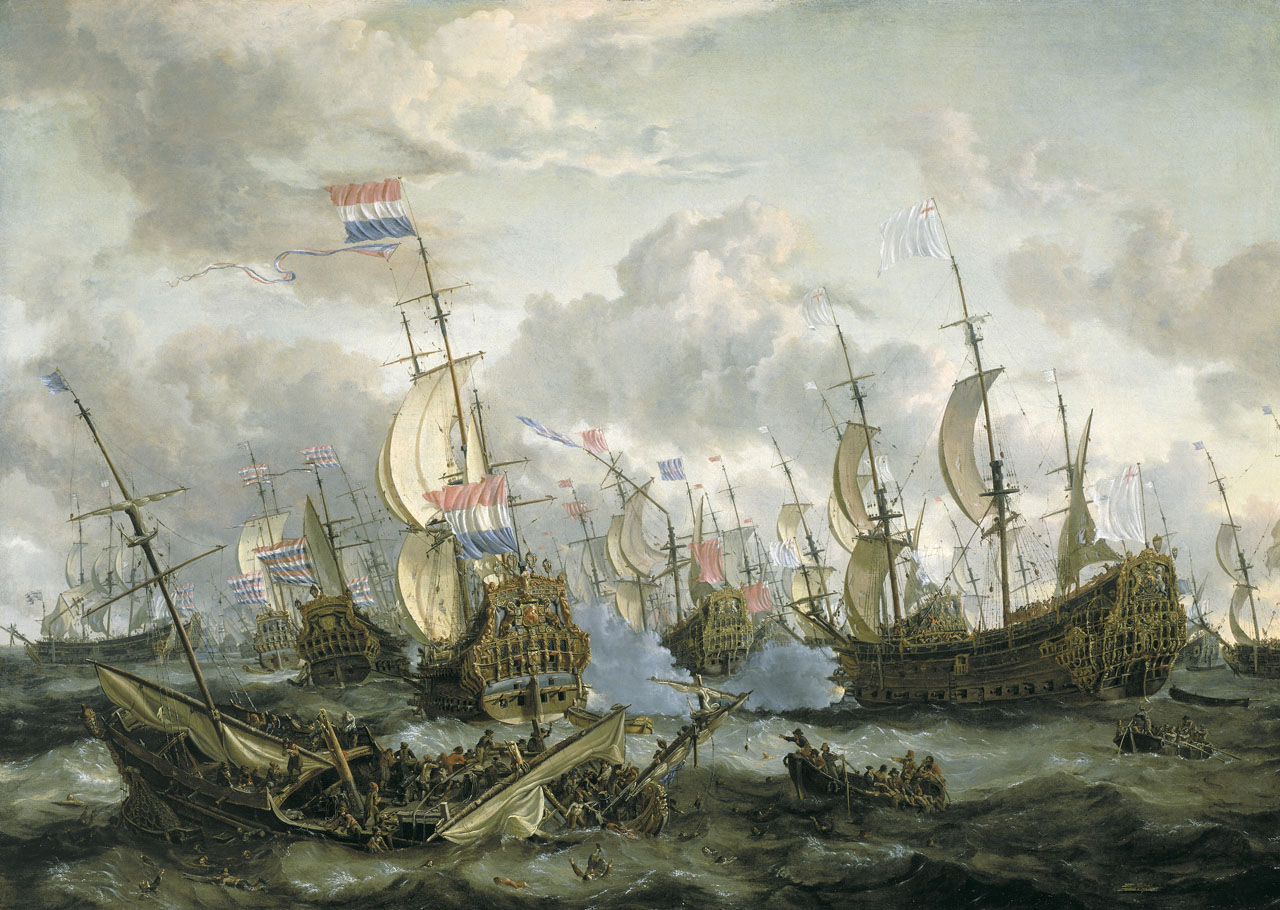 De Vierdaagse Zeeslag als keramisch tegeltableau, kunstwerk van Abraham Storck