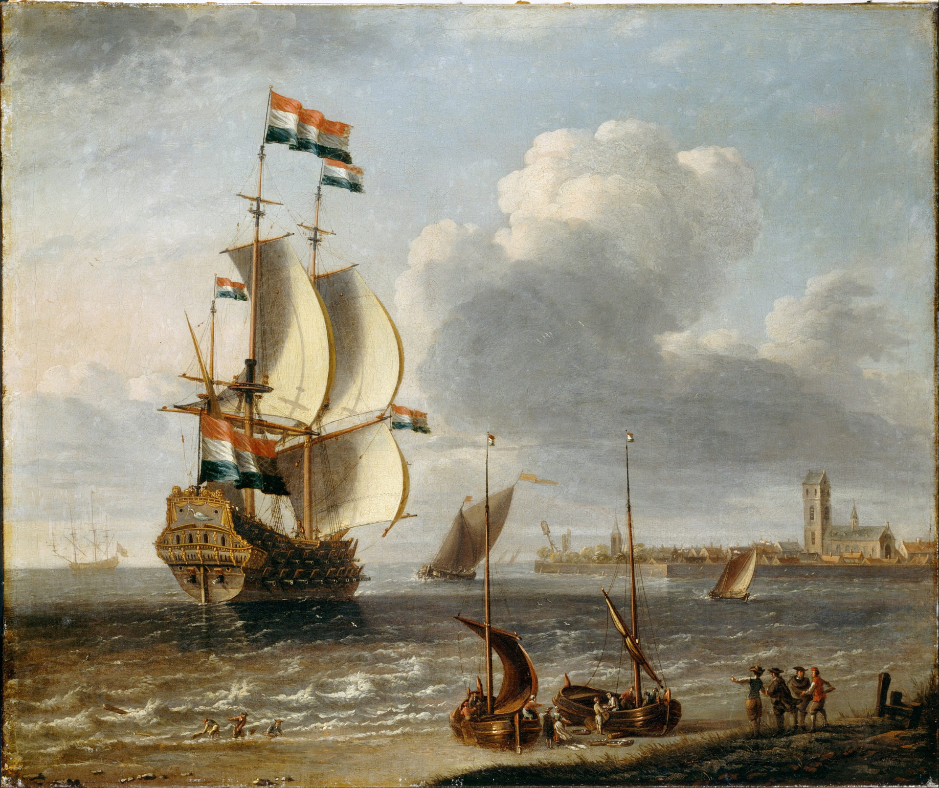 VOC-schip voor de kust als keramisch tegeltableau, kunstwerk van Lorenzo A. Castro