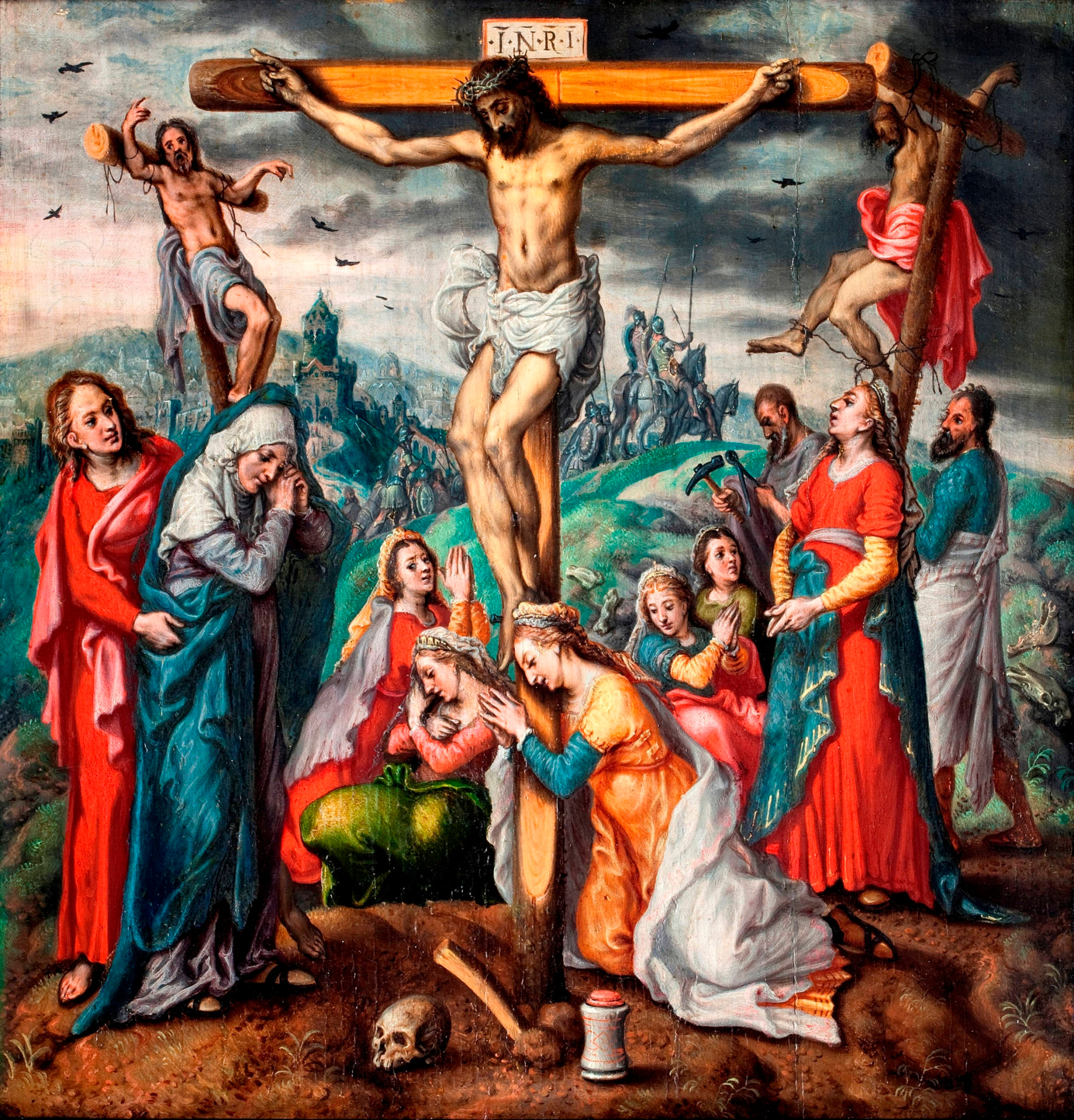 De kruisiging als keramisch tegeltableau, kunstwerk van Pieter Aertsen