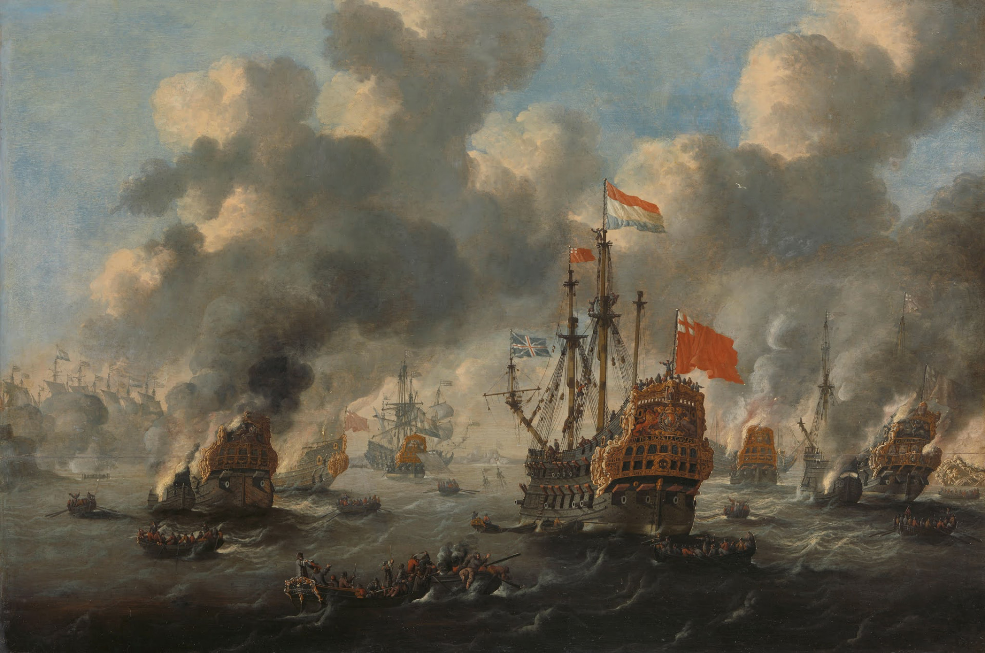 Het verbranden van de Engelse vloot voor Chatham als keramisch tegeltableau, kunstwerk van Peter van de Velde