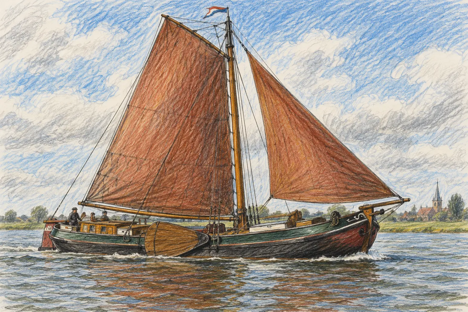 Tjalk op het water als keramisch tegeltableau