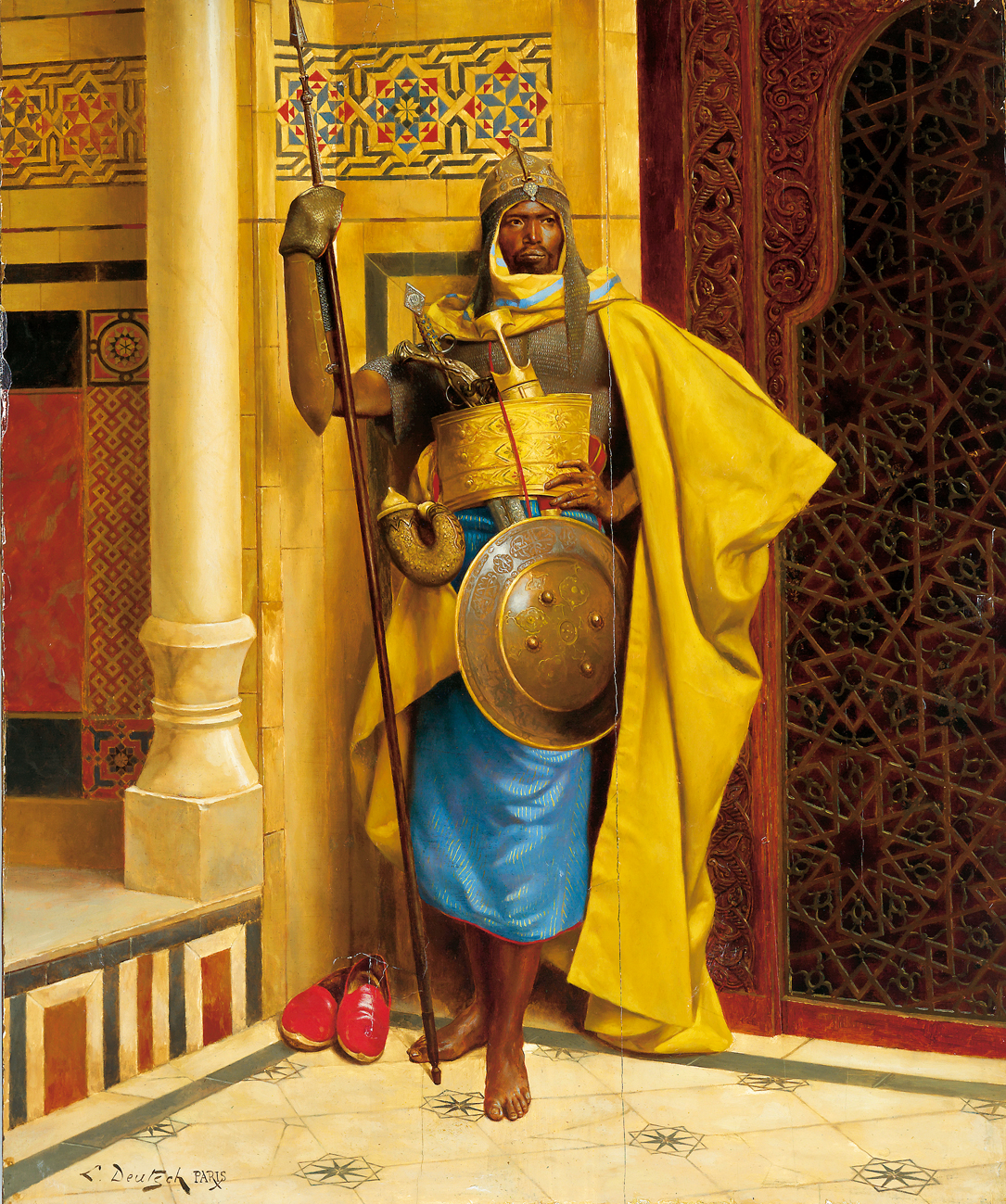 Nubian Palace Guard als keramisch tegeltableau, kunstwerk van Ludwig Deutsch