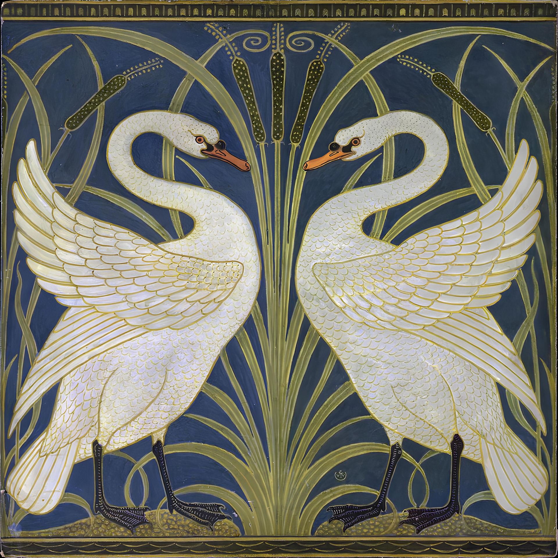 Zwanen, lisdodde en iris als keramisch tegeltableau, kunstwerk van Walter Crane