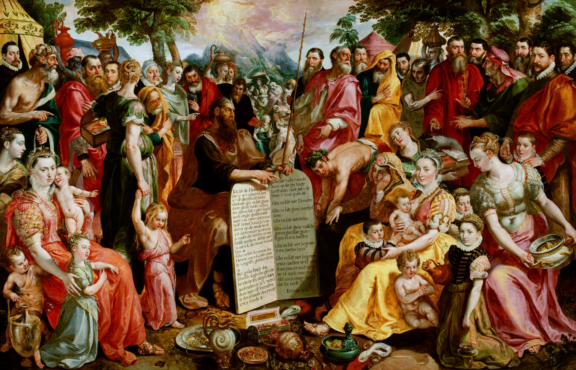 Mozes toont de tafelen der wet als keramisch tegeltableau, kunstwerk van Maerten de Vos