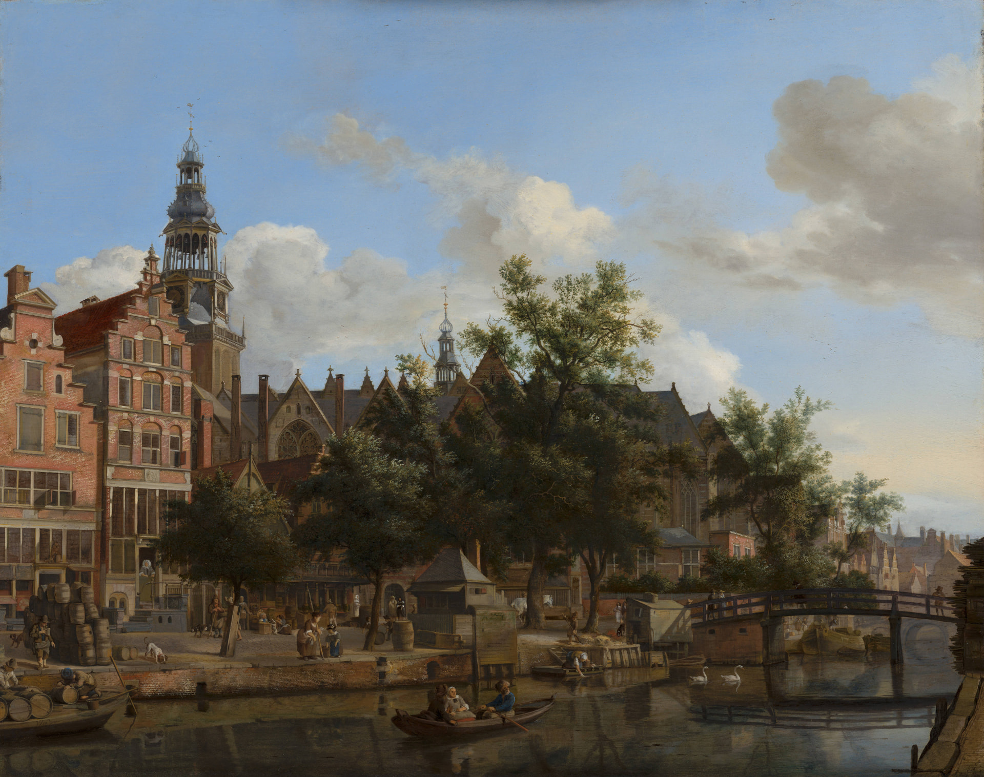 Oudezijds Voorburgwal met de Oude Kerk als keramisch tegeltableau, kunstwerk van Jan van der Heyden