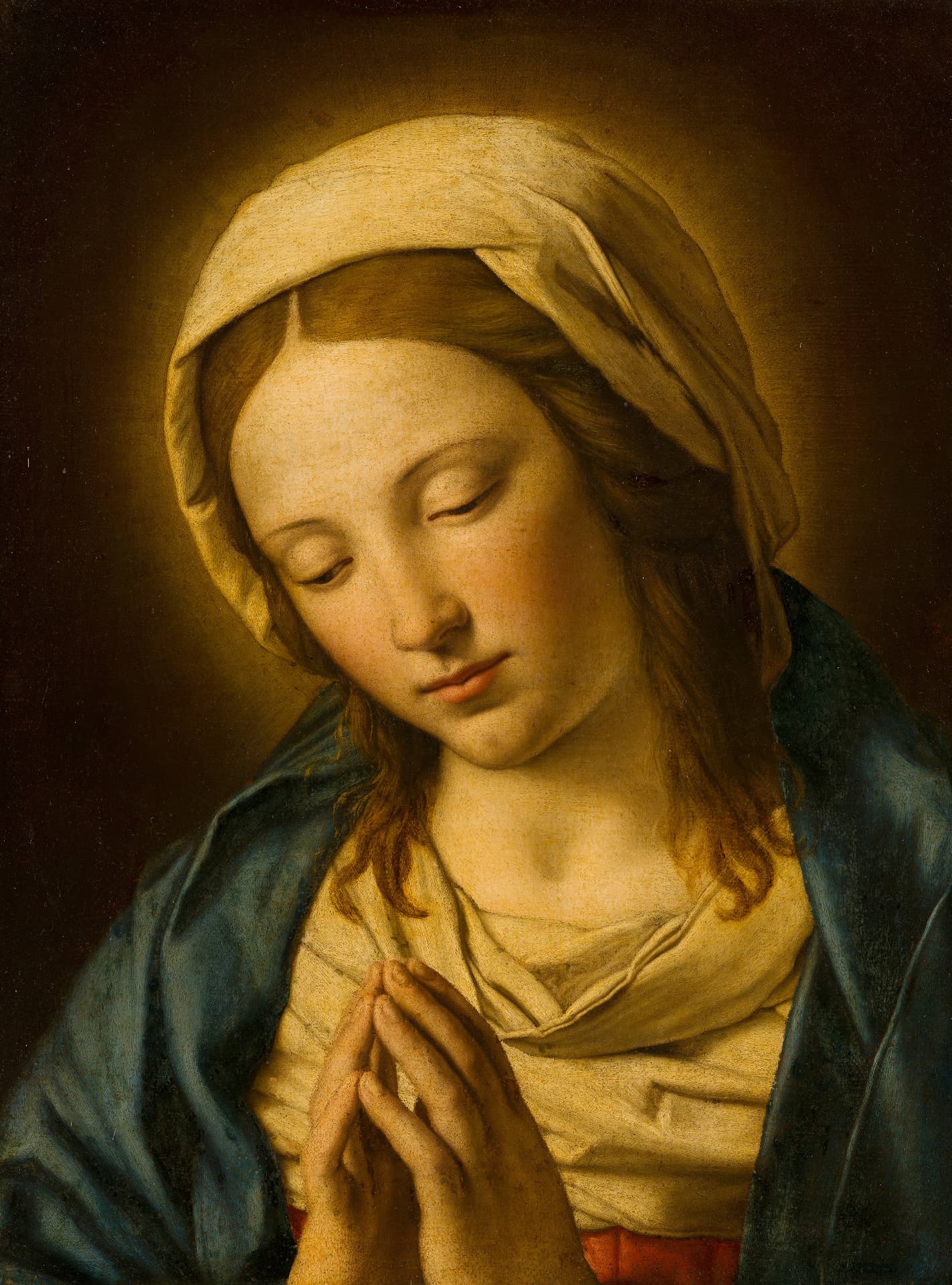 Biddende Maria als keramisch tegeltableau, kunstwerk van Sassoferrato