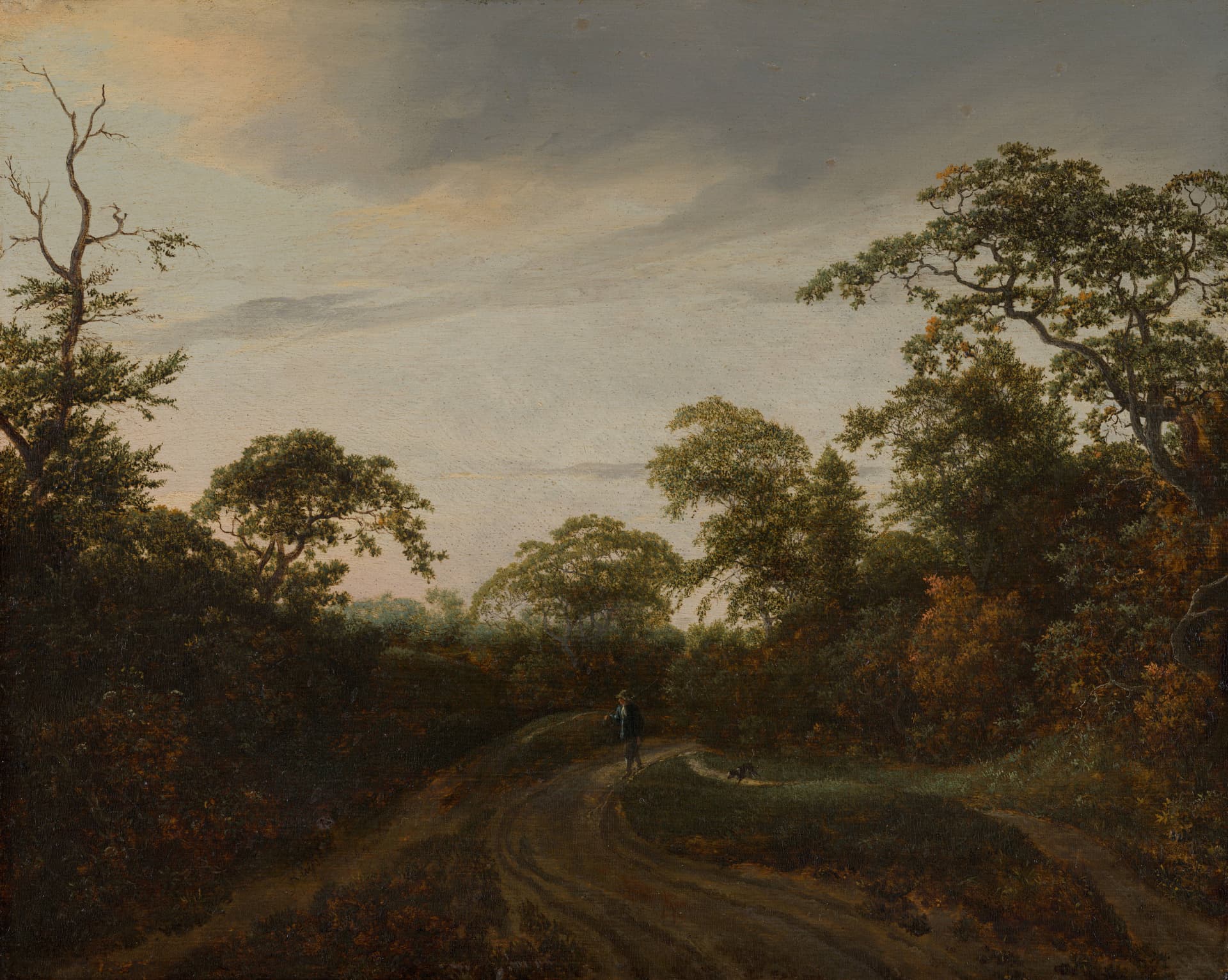 Weg in een boslandschap bij schemering als keramisch tegeltableau, kunstwerk van Jacob van Ruisdael