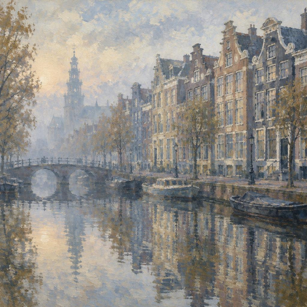 Keramisch tegeltableau met Amsterdamse grachtenpanden in de mist
