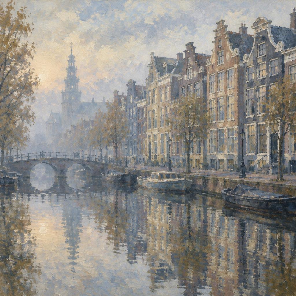 Keramisch tegeltableau met Amsterdamse grachtenpanden in de mist