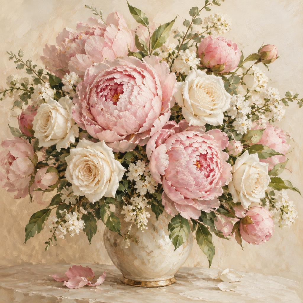 Keramisch tegeltableau met een boeket roze pioenen en witte rozen