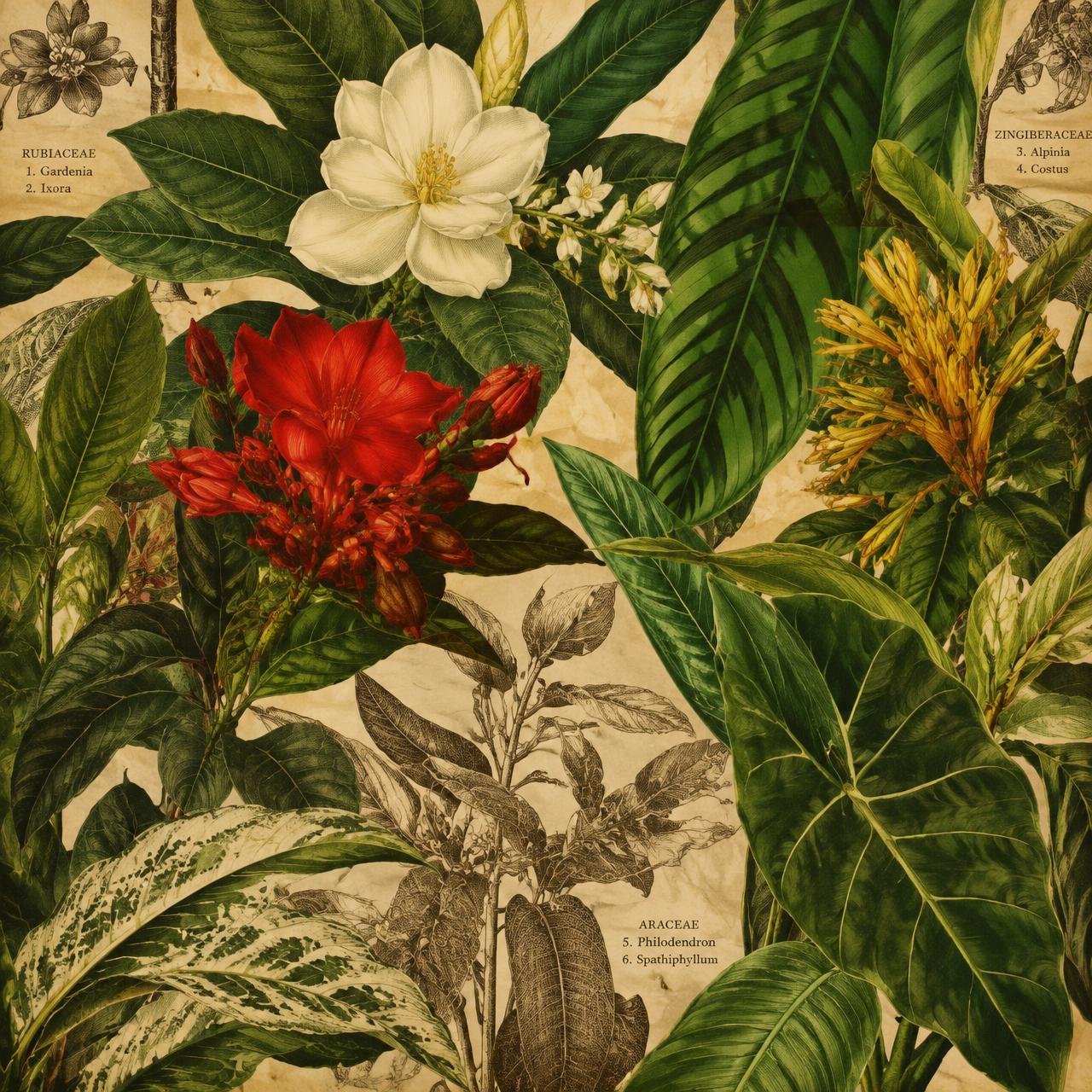 Keramisch tegeltableau met een botanische collage van bladeren en bloemen
