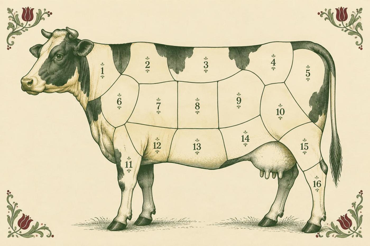 Keramisch tegeltableau met anatomische vakverdeling van een rund voor slagerij