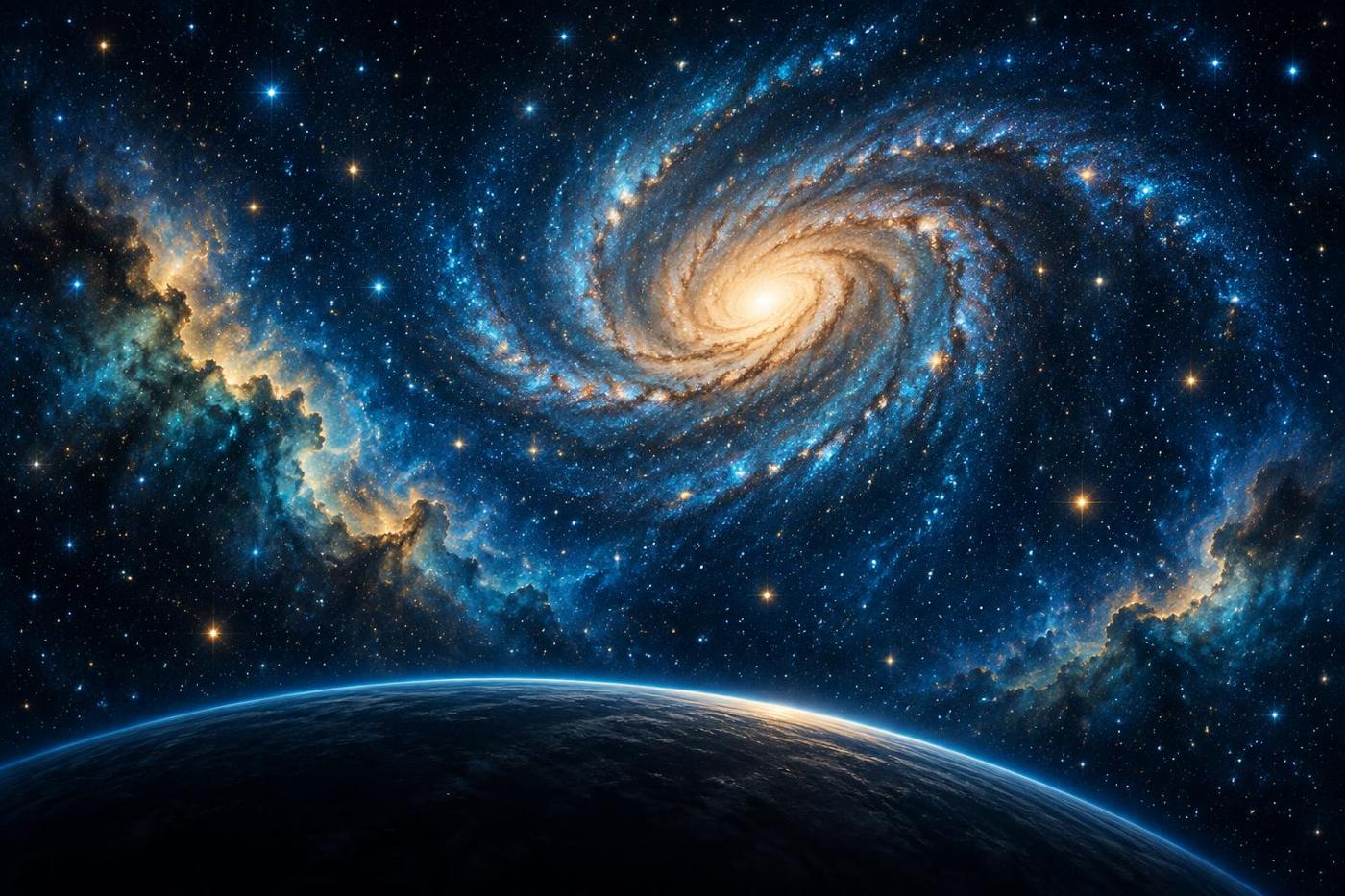 Keramisch tegeltableau met spiraalstelsel en sterren boven een planeet