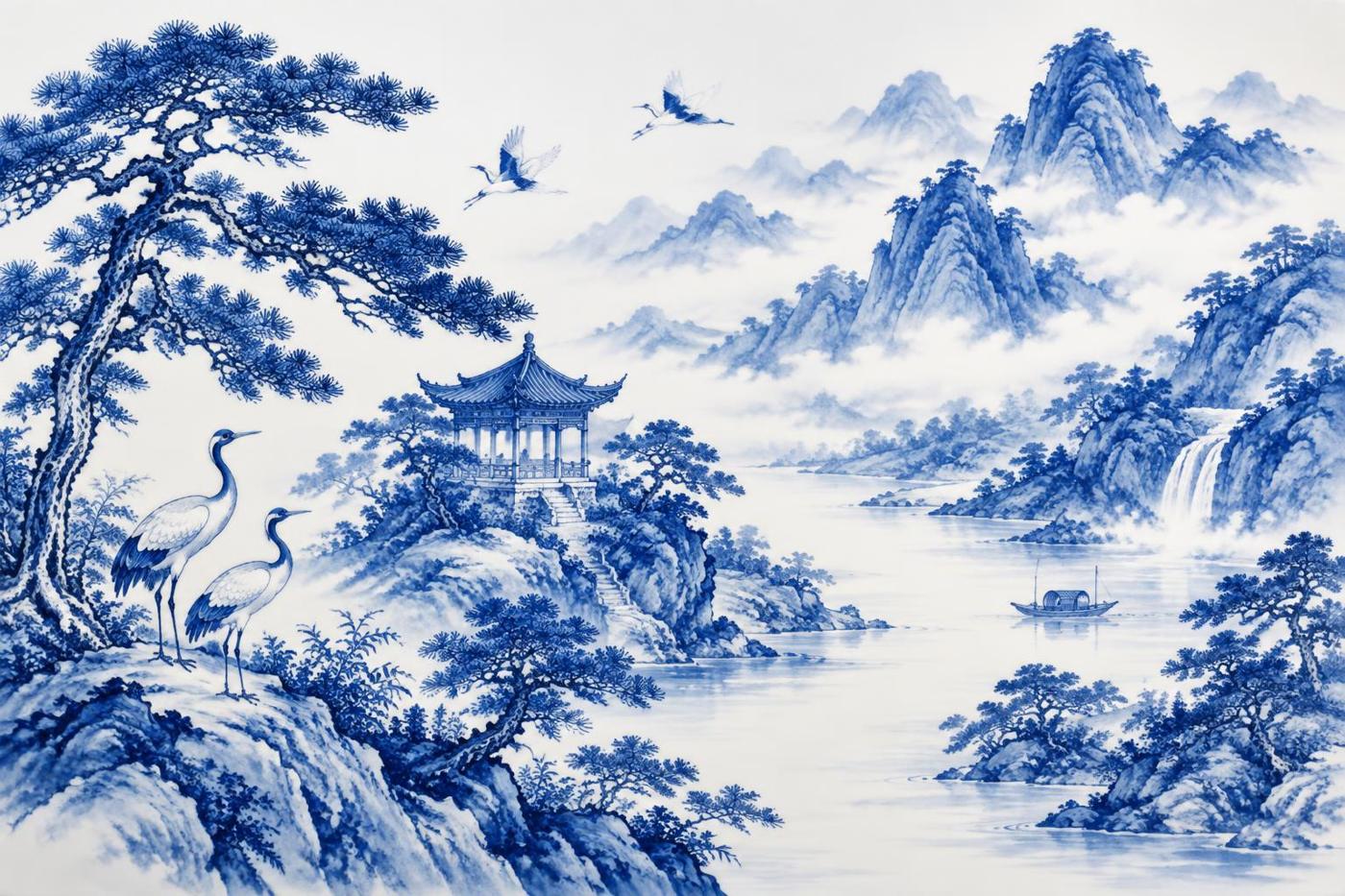 Blauw-wit keramisch tegeltableau met Chinees berglandschap en paviljoen