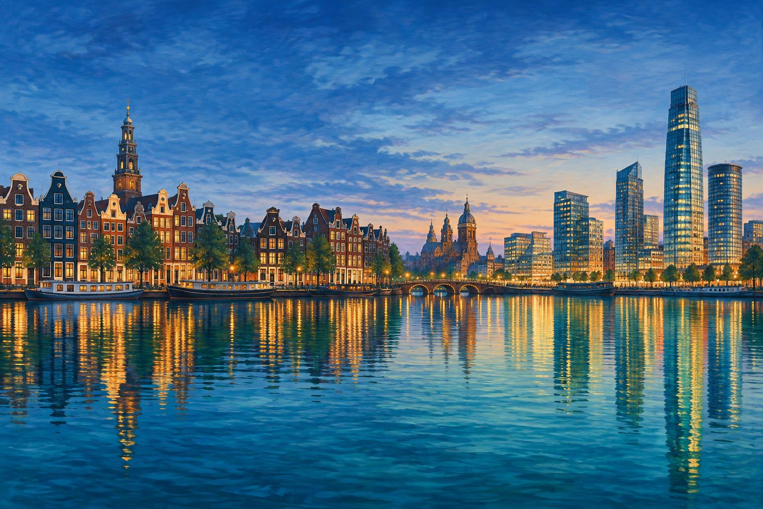Keramisch tegeltableau met historische stad en moderne skyline aan het water