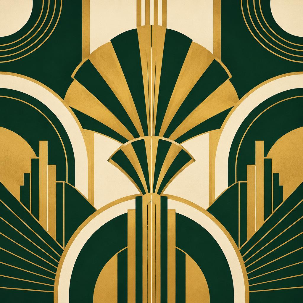 Keramisch tegeltableau met art deco waaiers in goud en groen