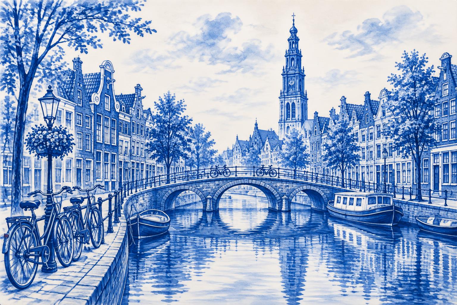 Delftsblauw keramisch tegeltableau met Hollandse grachtenstad en brug