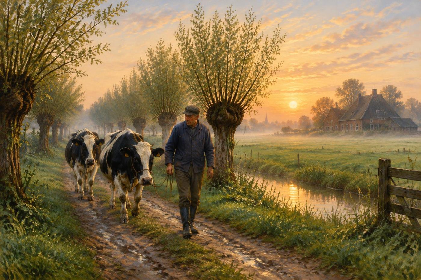Keramisch tegeltableau met boer, koeien, knotwilgen en Hollandse boerderij
