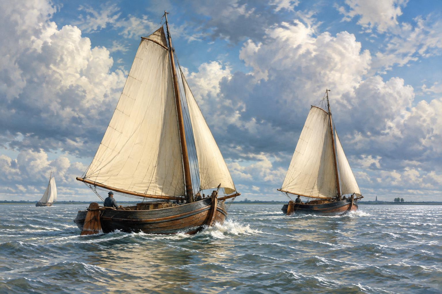 Keramisch tegeltableau met botters en skûtsje op het IJsselmeer