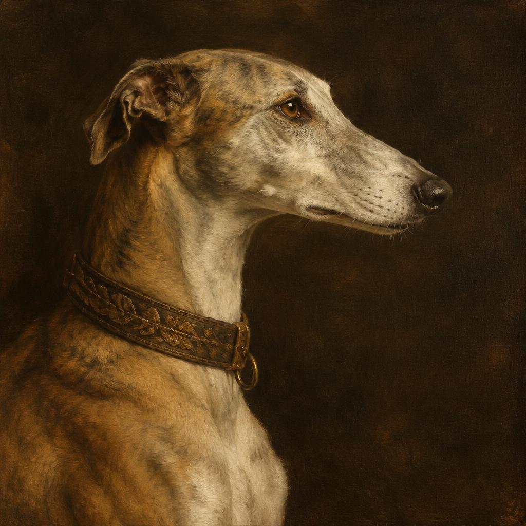 Keramisch tegeltableau met een klassiek portret van een windhond in olieverfstijl