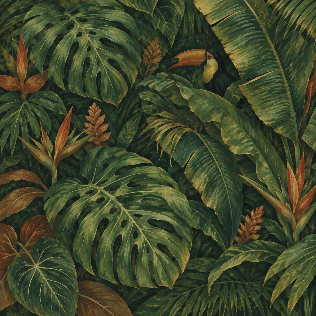Keramisch tegeltableau met junglebladeren en een toekan