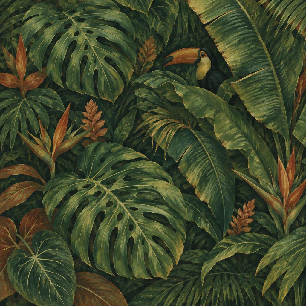 Keramisch tegeltableau met junglebladeren en een toekan