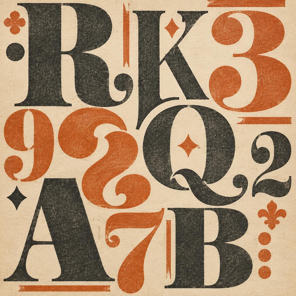 Keramisch tegeltableau met vintage letterpress letters en cijfers