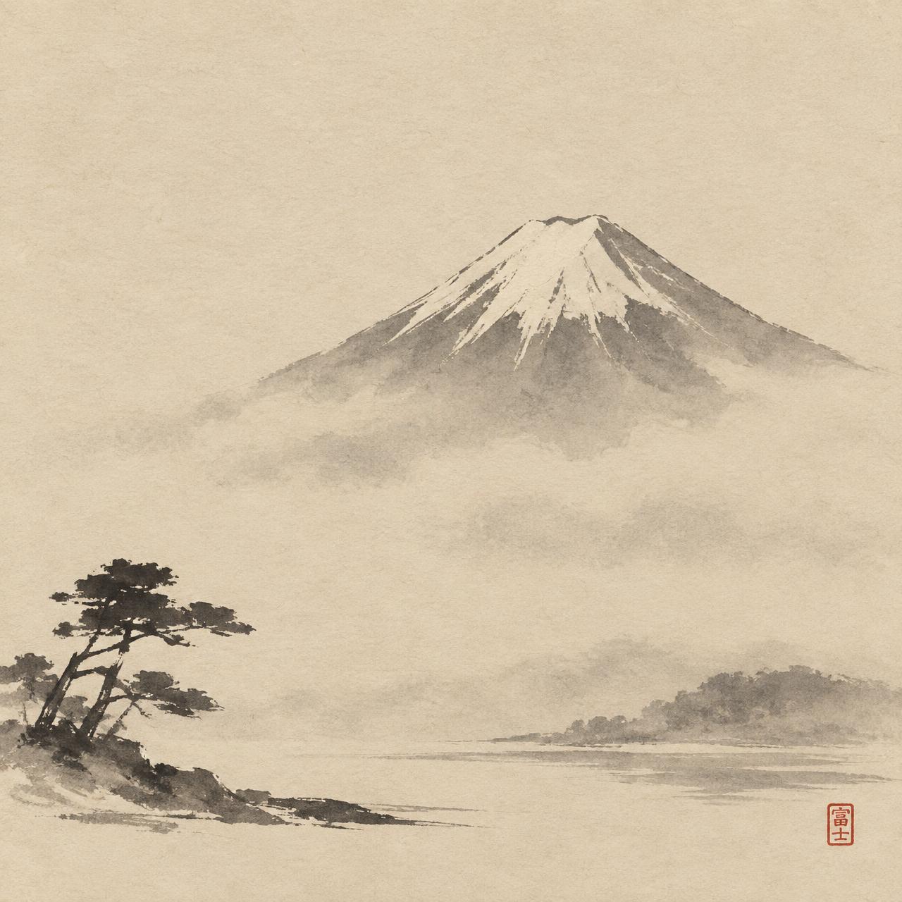 Keramisch tegeltableau met de berg Fuji in inktwas