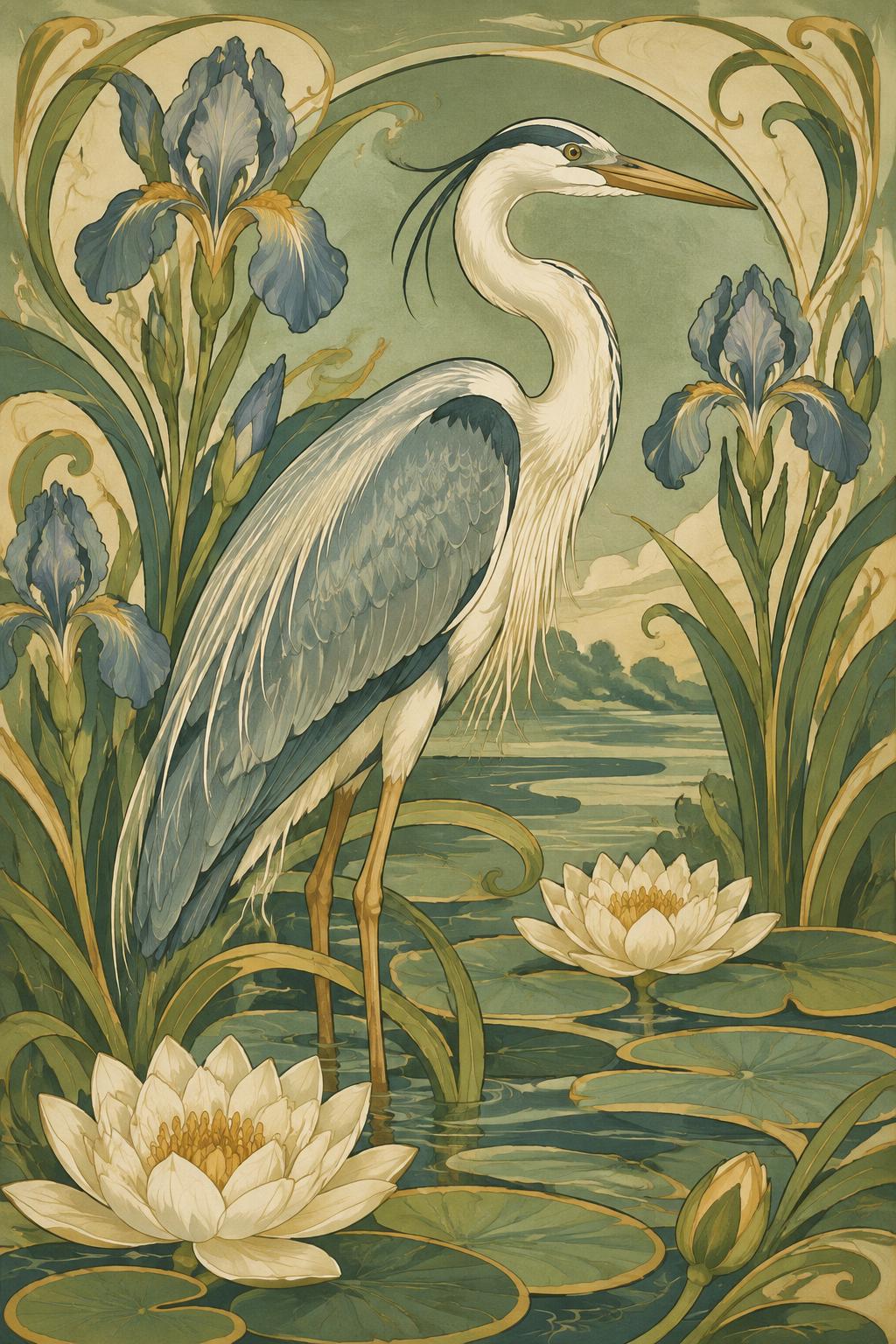 Art Nouveau keramisch tegeltableau met reiger, irissen en waterlelies