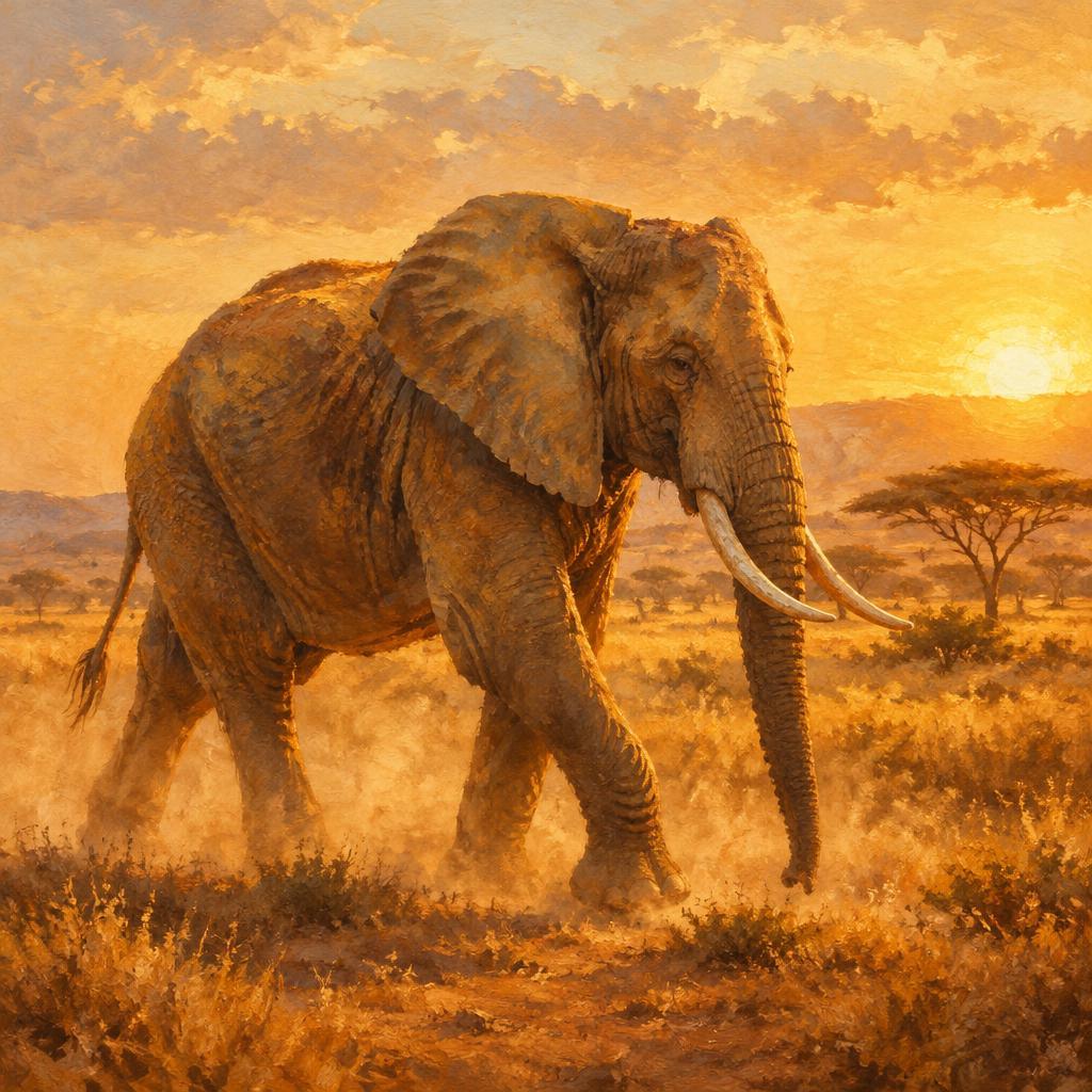 Keramisch tegeltableau met een olifant op de savanne bij zonsondergang