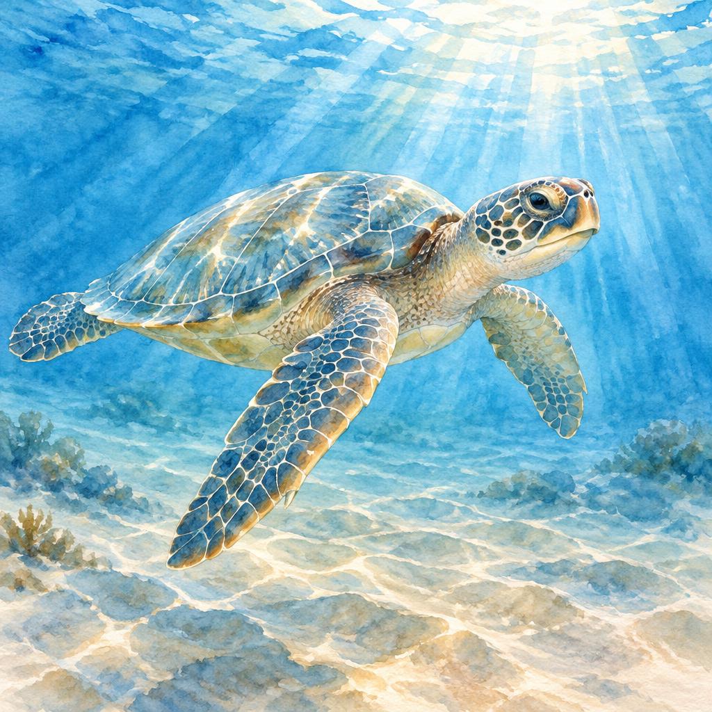 Keramisch tegeltableau met een aquarel van een zeeschildpad onder water
