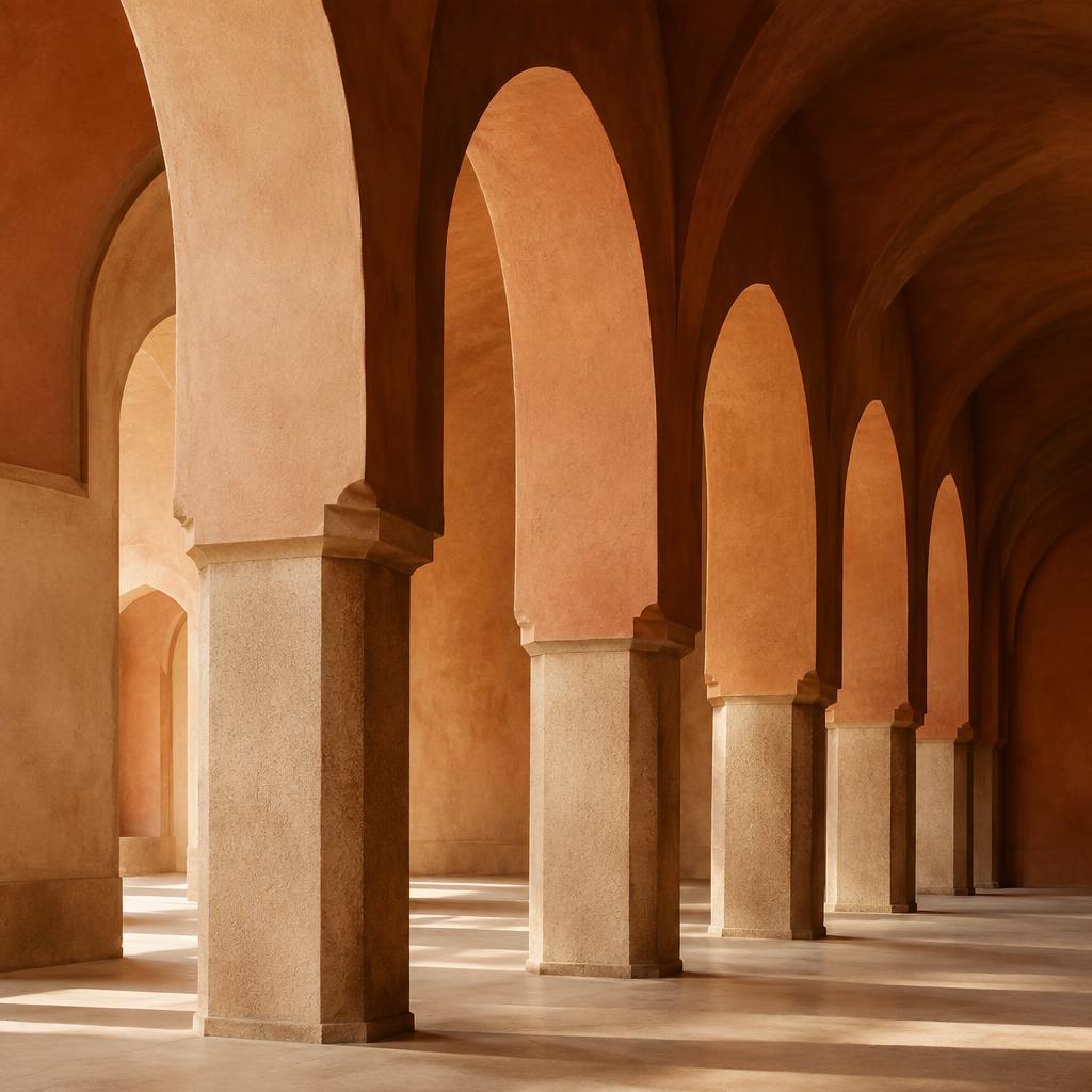 Keramisch tegeltableau met terracotta bogen en zuilen