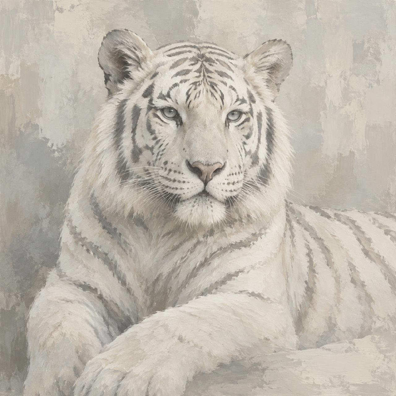 Keramisch tegeltableau met een witte tijger in gebroken wit en grijs