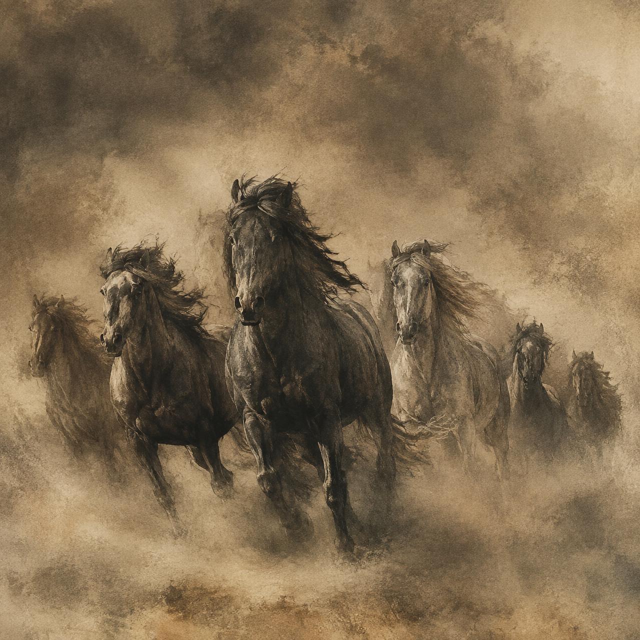 Keramisch tegeltableau met wilde paarden in sepia tonen