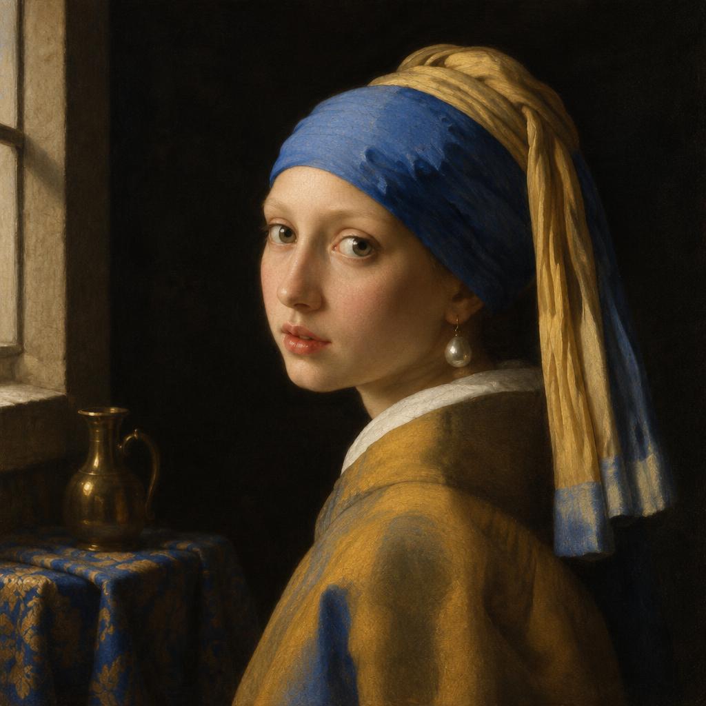 Keramisch tegeltableau met een portret van een vrouw met blauwe hoofddoek en parel