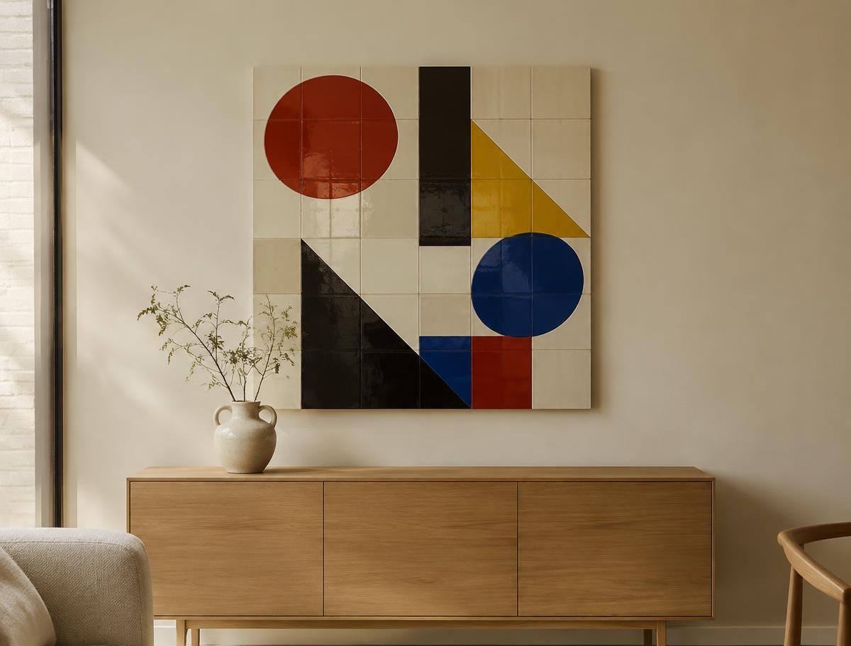Keramisch tegeltableau met een Bauhaus-ontwerp van rode en blauwe cirkels, gele en zwarte driehoeken op crème tegels boven een eikenhouten dressoir in een licht modern interieur