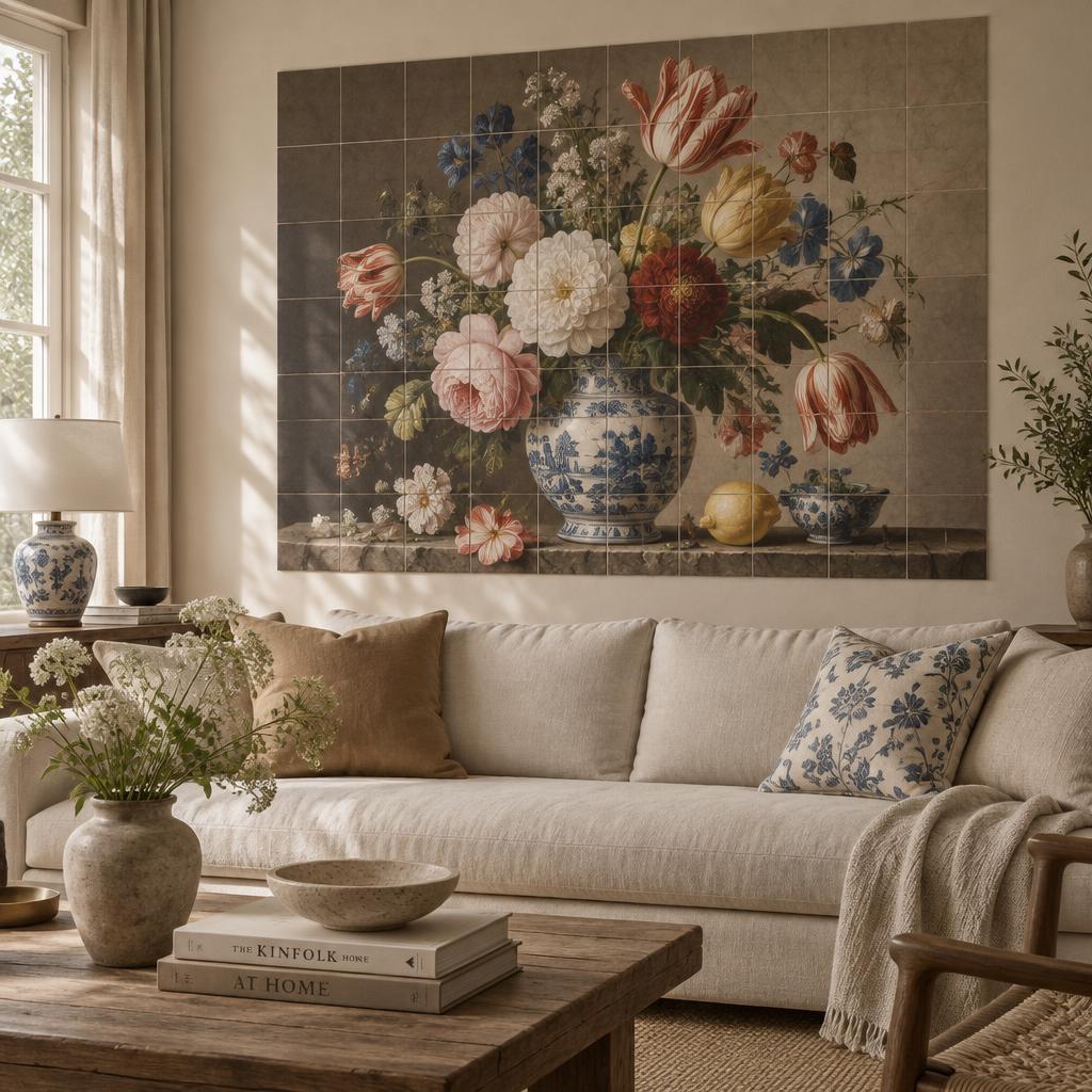 Bloemstilleven als keramisch tegeltableau met subtiele voegen in een warm, licht ingerichte woonkamer