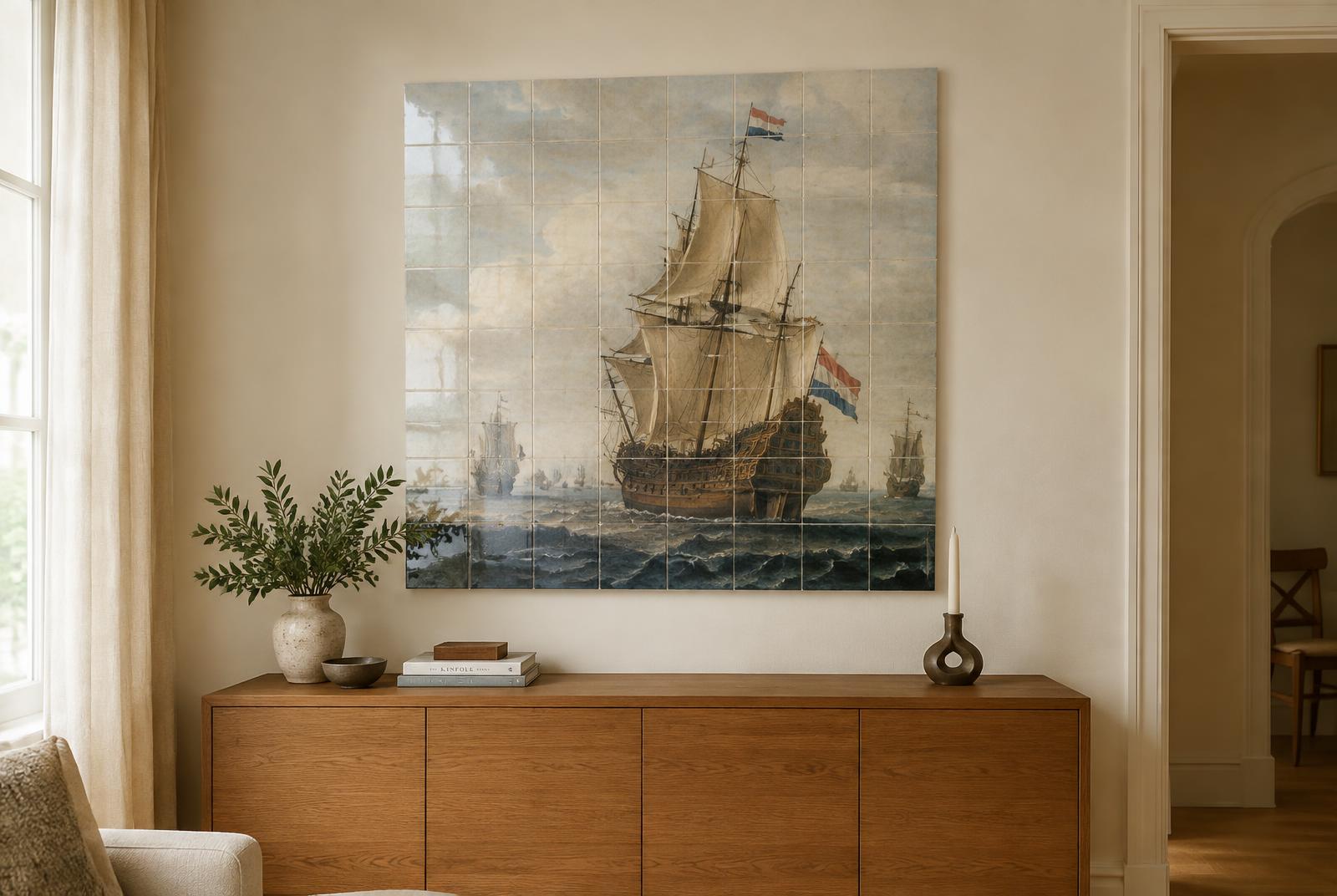 Zeilschip uit de Gouden Eeuw als keramisch tegeltableau met zachte voegen boven een eiken dressoir