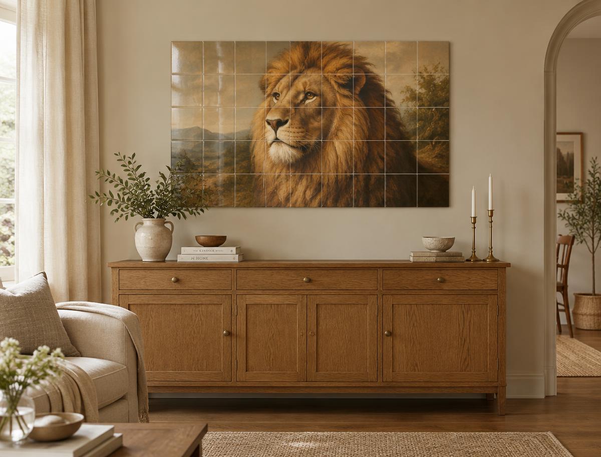 Klassiek leeuwportret als keramisch tegeltableau met zachte voegen boven een eiken dressoir in een warm wooninterieur