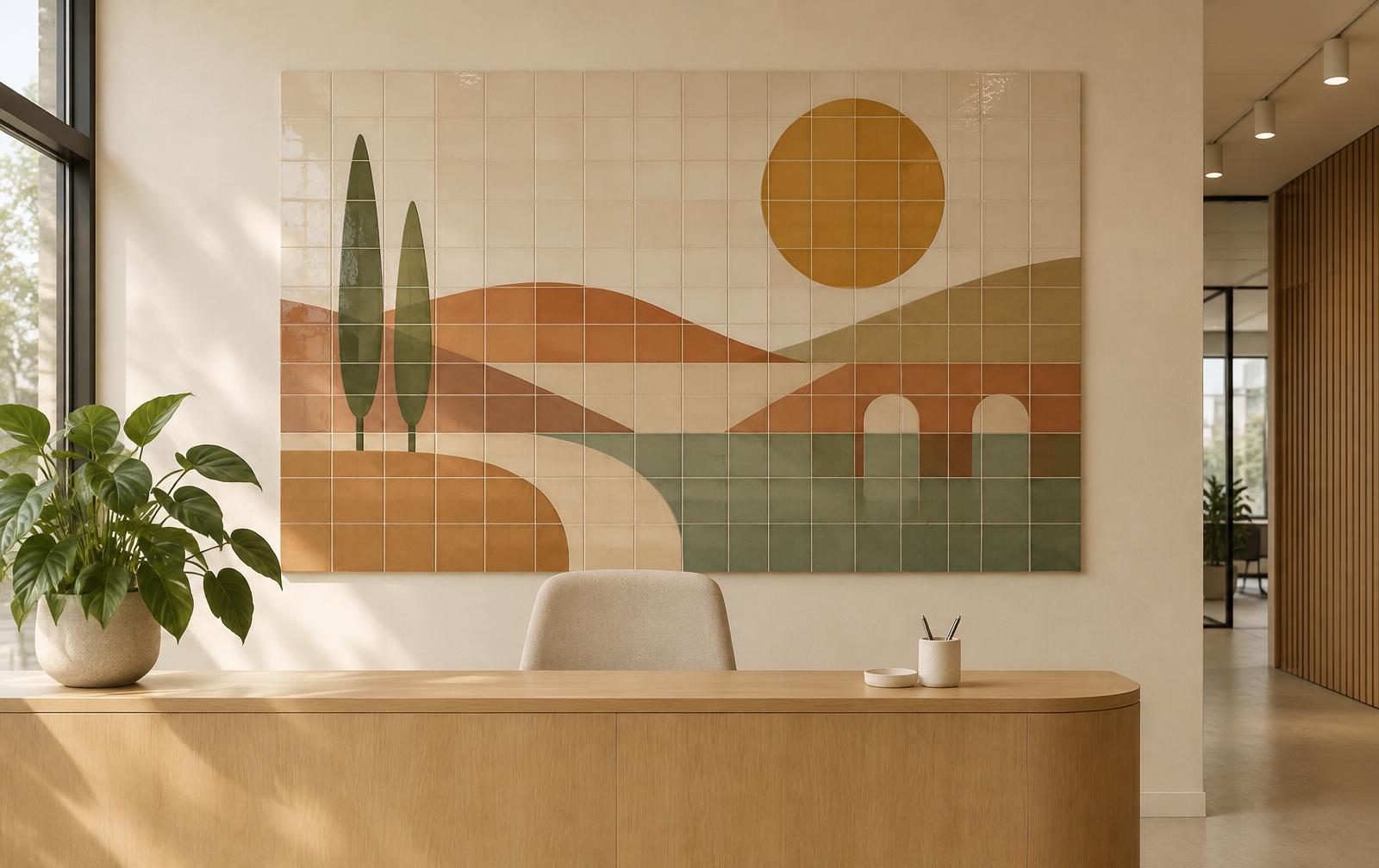 Groot keramisch tegeltableau met abstract landschap in oker, terracotta en saliegroen achter een eikenhouten receptiebalie op kantoor