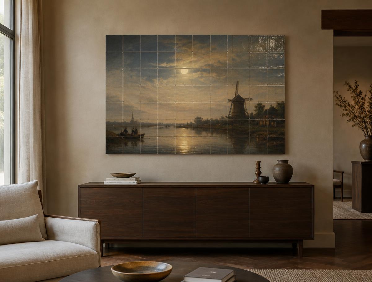 Maanverlicht rivierlandschap met molen in Hollandse schildertrant als keramisch tegeltableau boven een donker notenhouten dressoir