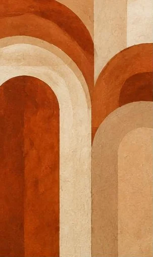Tegeltableau met terracotta bogenstudie: overlappende bogen in terracotta en crème spelen met diepte en symmetrie.