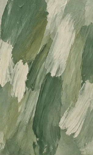 Tegeltableau met saliegroene verfstreken: brede verticale penseelstreken in salie, mosgroen en wit tonen de beweging van de verf.
