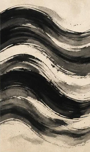 Tegeltableau met zwarte inktgolven: zwarte inktlijnen bewegen in golven over een lichte ondergrond, met zichtbaar penseelritme.