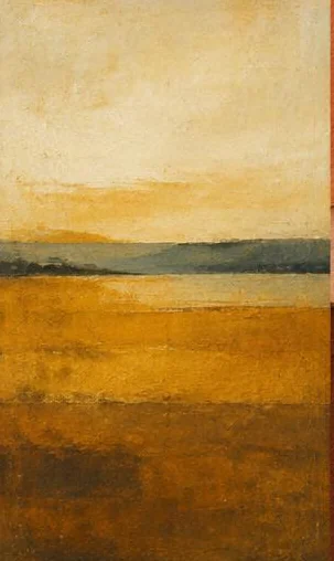 Tegeltableau met oker aan de horizon: horizontale banen in oker en zand doen denken aan een verstild landschap zonder herkenbare plek.