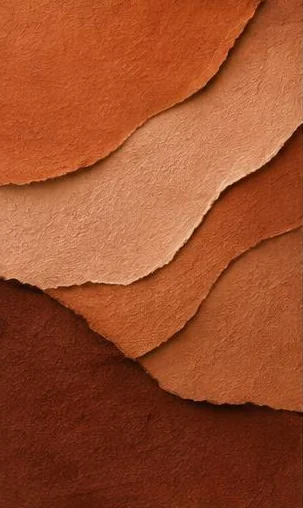 Tegeltableau met gelaagd terracotta: gescheurde papierachtige vlakken stapelen zich op van kleirood tot zacht roze.