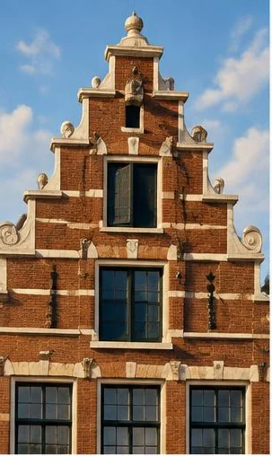 Tegeltableau met hollandse trapgevel: een rode bakstenen trapgevel met hoge ramen en zandstenen details tegen een blauwe lucht.