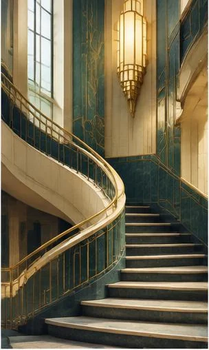 Tegeltableau met art-deco trappenhuis: een gebogen trap en messing leuning lopen langs donkergroene wanden omhoog.